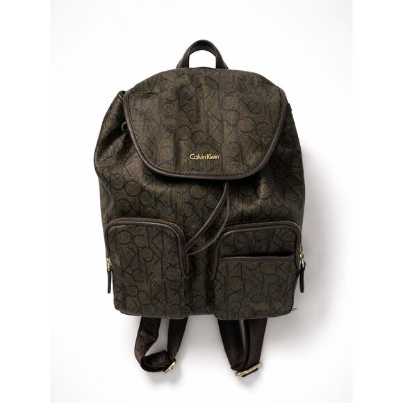 Calvin Klein Monogram Logo Faux‎ Leather Backpack Brown Gold Chic Designer Calvin Klein Monogram Drawstring Backpack Brown Gold Bag CK Logo main image 3